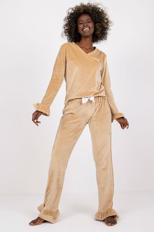 Luxurious Velour Pajamas Set featuring a frilled blouse and long pants by Rue Paris, made of high-quality viscose and spandex.