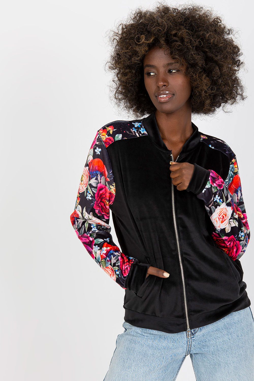 Luxurious Velour Bomber Jacket by Rue Paris, showcasing a vibrant floral design and elegant zipper closure, perfect for stylish winter wear.