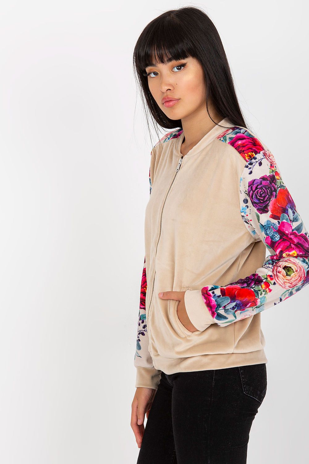 Luxurious Velour Bomber Jacket by Rue Paris featuring a vibrant floral design and sleek zipper closure, perfect for a stylish look.