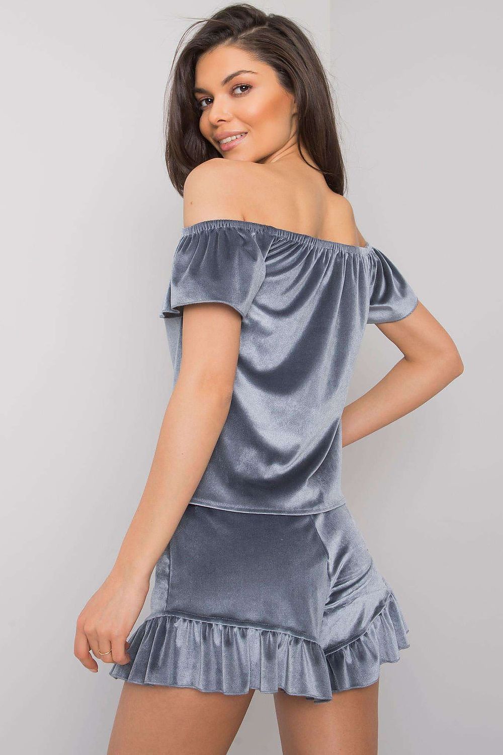 Fashionable and comfortable Luxurious Velour Women's Pajamas Set with a stylish blouse and shorts, featuring intricate details by Rue Paris.