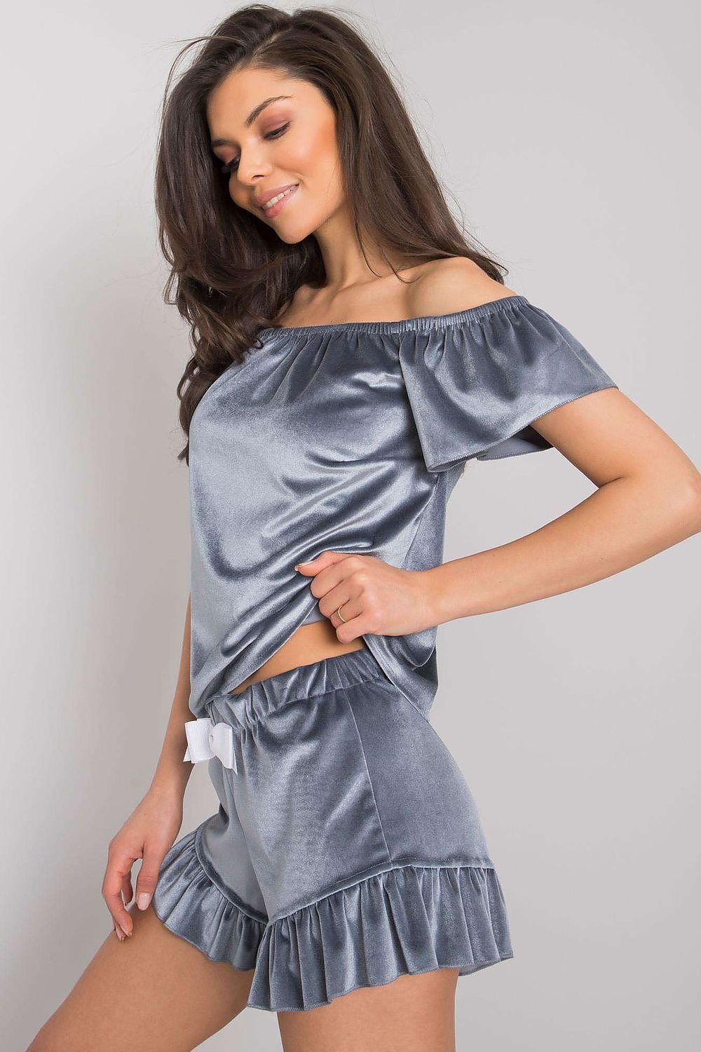 Luxurious Velour Women's Pajamas Set with Spanish Neckline and Decorative Frills featuring elegant blouse and shorts design by Rue Paris.
