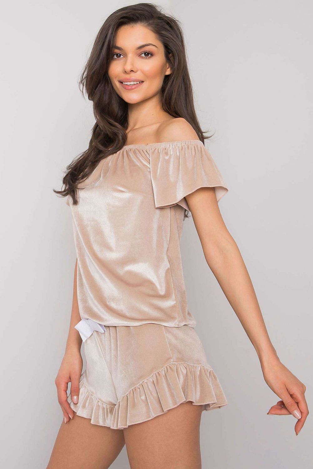 Stylish Luxurious Velour Women's Pajamas Set with Spanish Neckline and Decorative Frills displayed, perfect for a chic night in by Rue Paris.