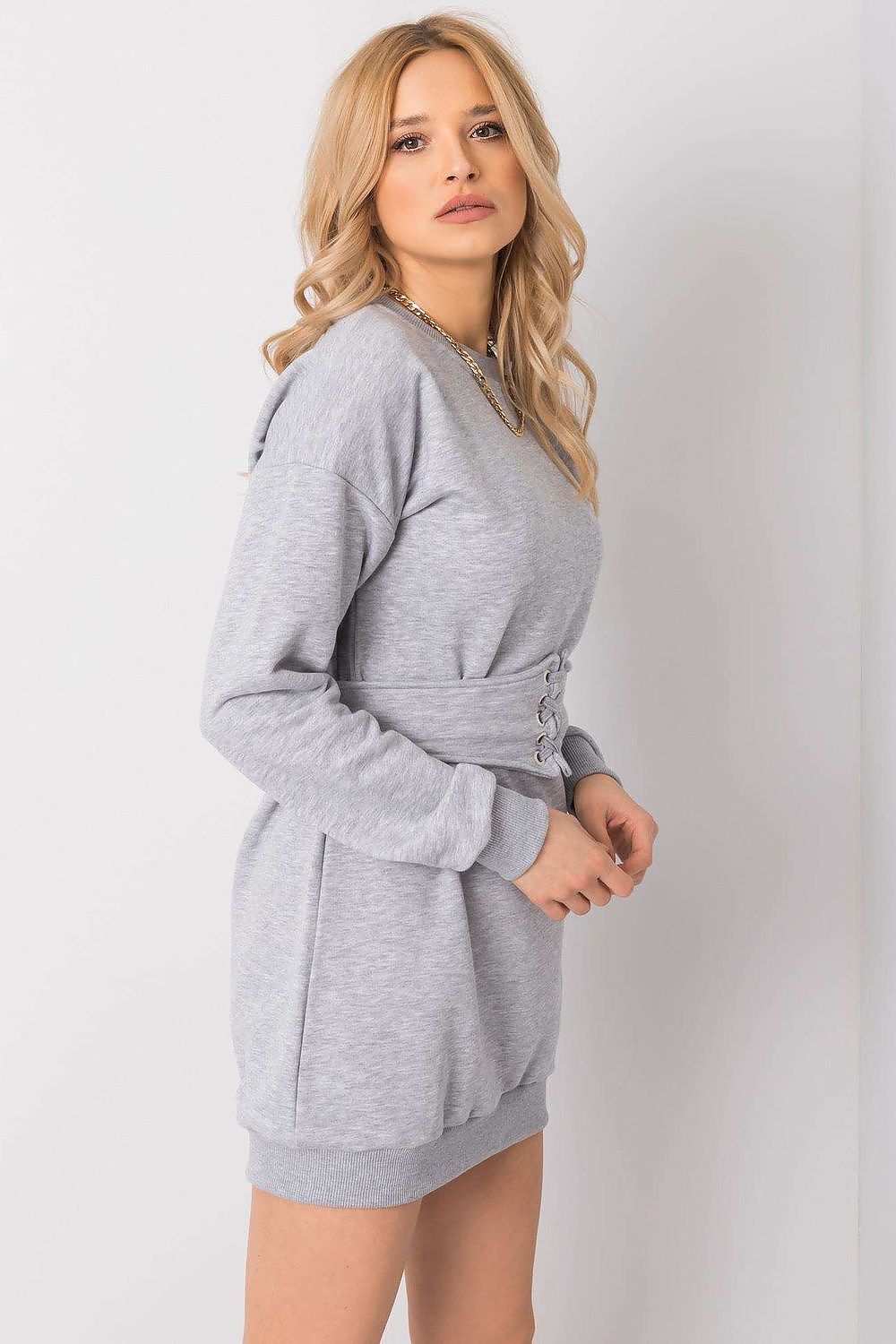 Close-up view of the Luxury Tracksuit Mini Dress with Long Sleeves and Belt by Rue Paris, highlighting the soft Cotton-Spandex fabric blend.