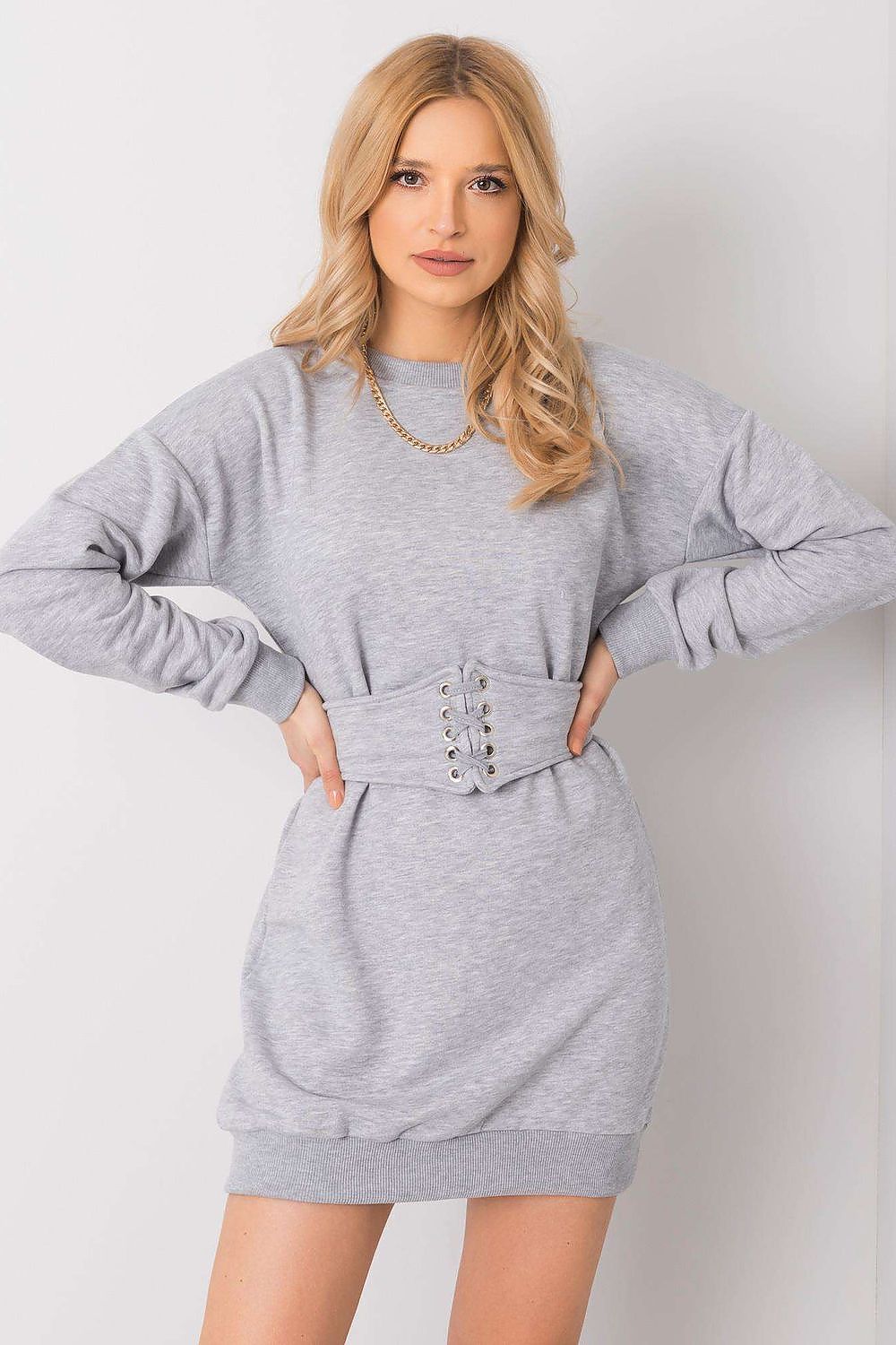 Back view of the Luxury Tracksuit Mini Dress with Long Sleeves and Belt by Rue Paris in a stunning design, perfect for casual outings.
