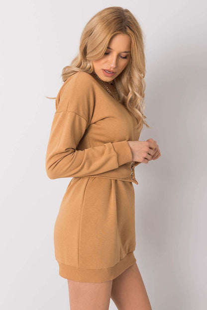 Luxury Tracksuit Mini Dress with Long Sleeves and Belt by Rue Paris in Cotton-Spandex Blend, featuring elegant design and comfortable fit.