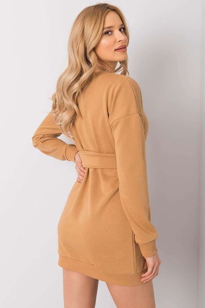 Close-up of the Luxury Tracksuit Mini Dress with Long Sleeves and Belt by Rue Paris in Cotton-Spandex Blend showcasing the unique fabric texture.