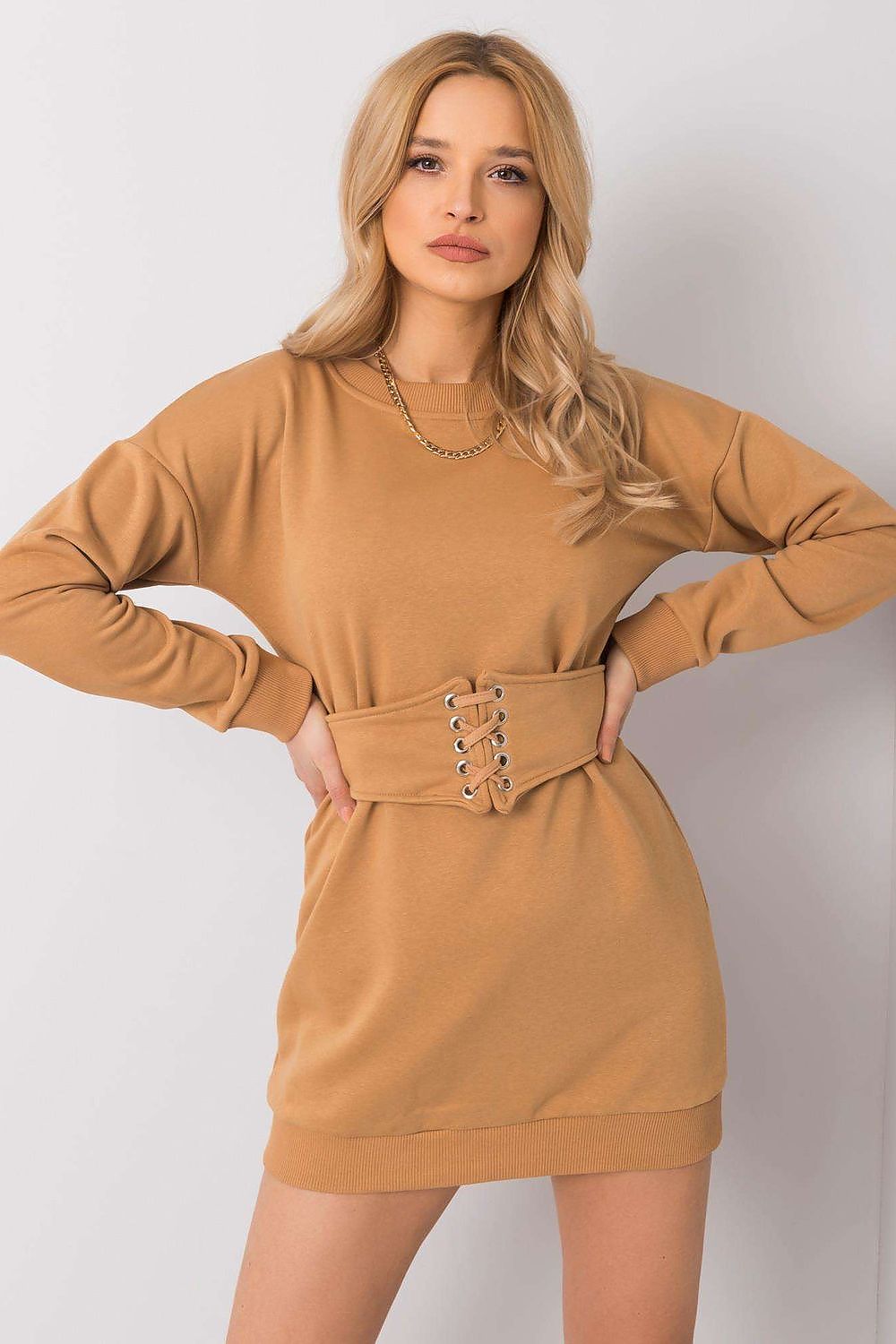 Model wearing Luxury Tracksuit Mini Dress with Long Sleeves and Belt by Rue Paris in Cotton-Spandex Blend, highlighting its stylish silhouette.