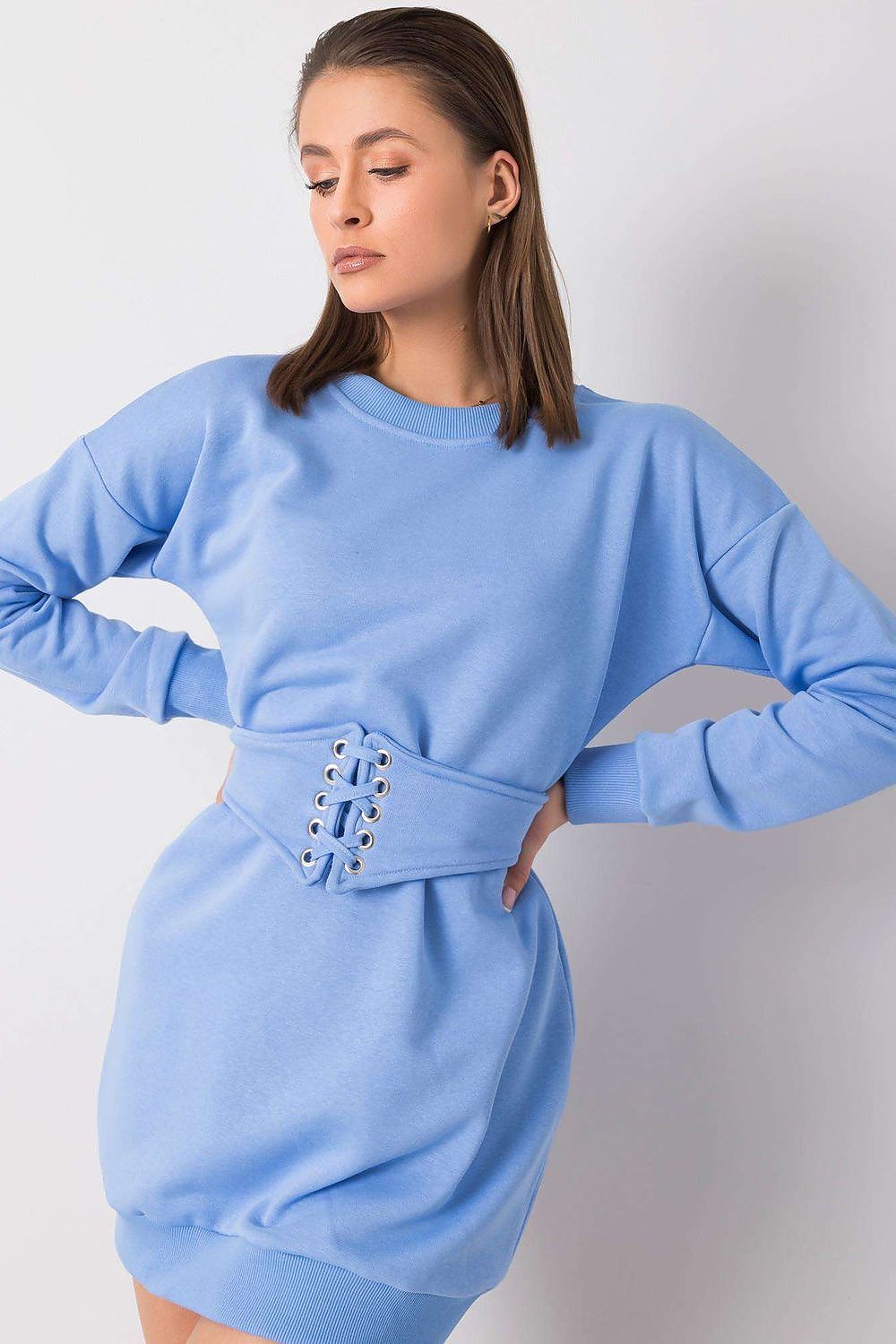 Back view of the Luxury Tracksuit Mini Dress with Long Sleeves and Belt by Rue Paris in Cotton-Spandex Blend, demonstrating its classy lines.