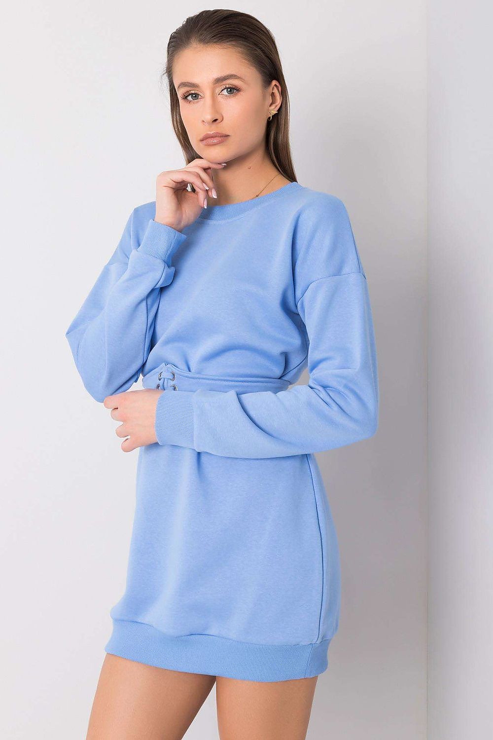 Detailed look at the Luxury Tracksuit Mini Dress with Long Sleeves and Belt by Rue Paris in Cotton-Spandex Blend, emphasizing the chic belt feature.