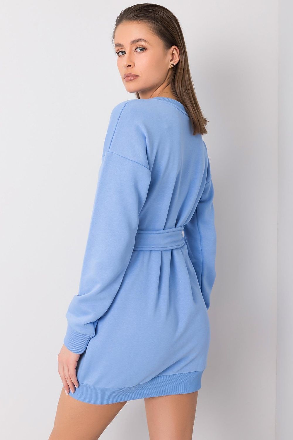 Luxury Tracksuit Mini Dress with Long Sleeves and Belt by Rue Paris in Cotton-Spandex Blend, featuring a stylish round neckline and a chic belt.