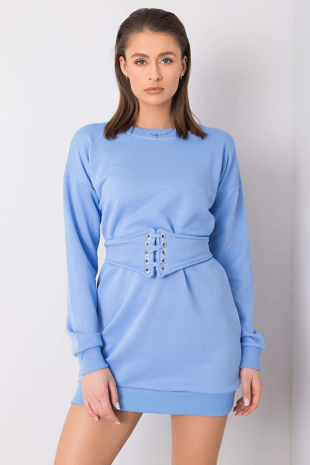 Close-up view of Luxury Tracksuit Mini Dress with Long Sleeves and Belt by Rue Paris, showcasing high-quality cotton-spandex blend fabric.