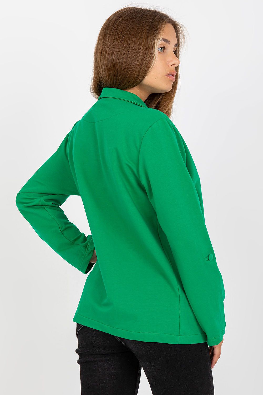 Stylish display of the Luxurious Cotton Blend Long-Sleeved Sweat Jacket With Button Closure And Slip Pockets by Rue Paris, highlighting its chic appearance and practical slip pockets.