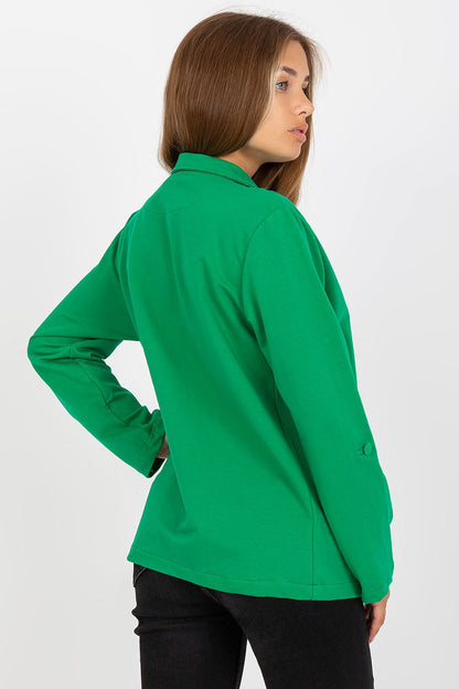 Stylish display of the Luxurious Cotton Blend Long-Sleeved Sweat Jacket With Button Closure And Slip Pockets by Rue Paris, highlighting its chic appearance and practical slip pockets.