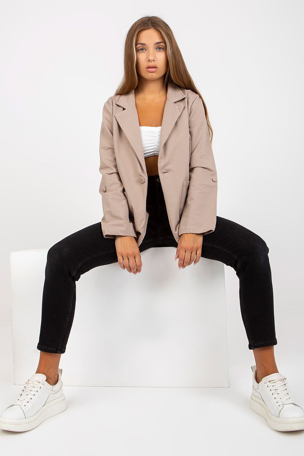 Close-up of Luxurious Cotton Blend Long-Sleeved Sweat Jacket with Button Closure and Slip Pockets by Rue Paris, showcasing quality fabric and craftsmanship.