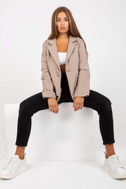 Close-up of Luxurious Cotton Blend Long-Sleeved Sweat Jacket with Button Closure and Slip Pockets by Rue Paris, showcasing quality fabric and craftsmanship.