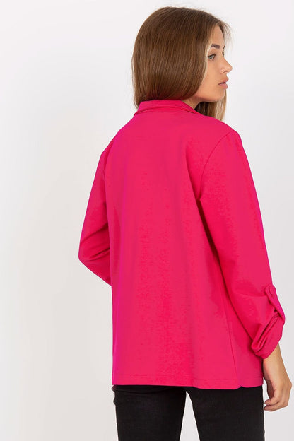 Close-up of the Luxurious Cotton Blend Long-Sleeved Sweat Jacket With Button Closure And Slip Pockets by Rue Paris, highlighting the stylish button detail and comfortable fit.