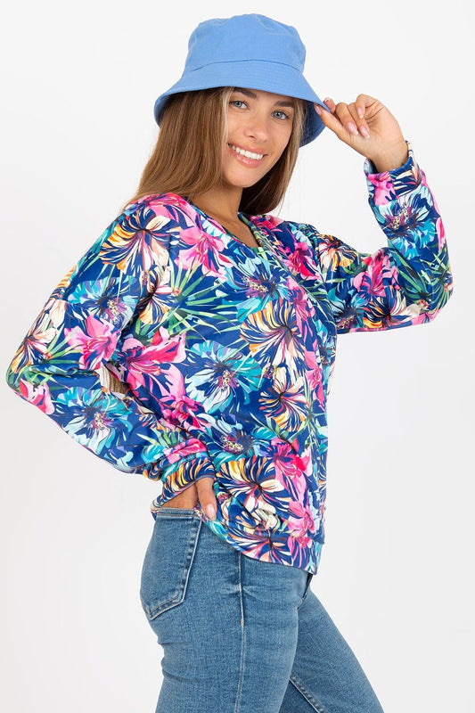 Detail of the Colourful Velour Sweatshirt with Heart Neckline and Long Sleeves by Rue Paris, highlighting premium velour texture and stylish design.