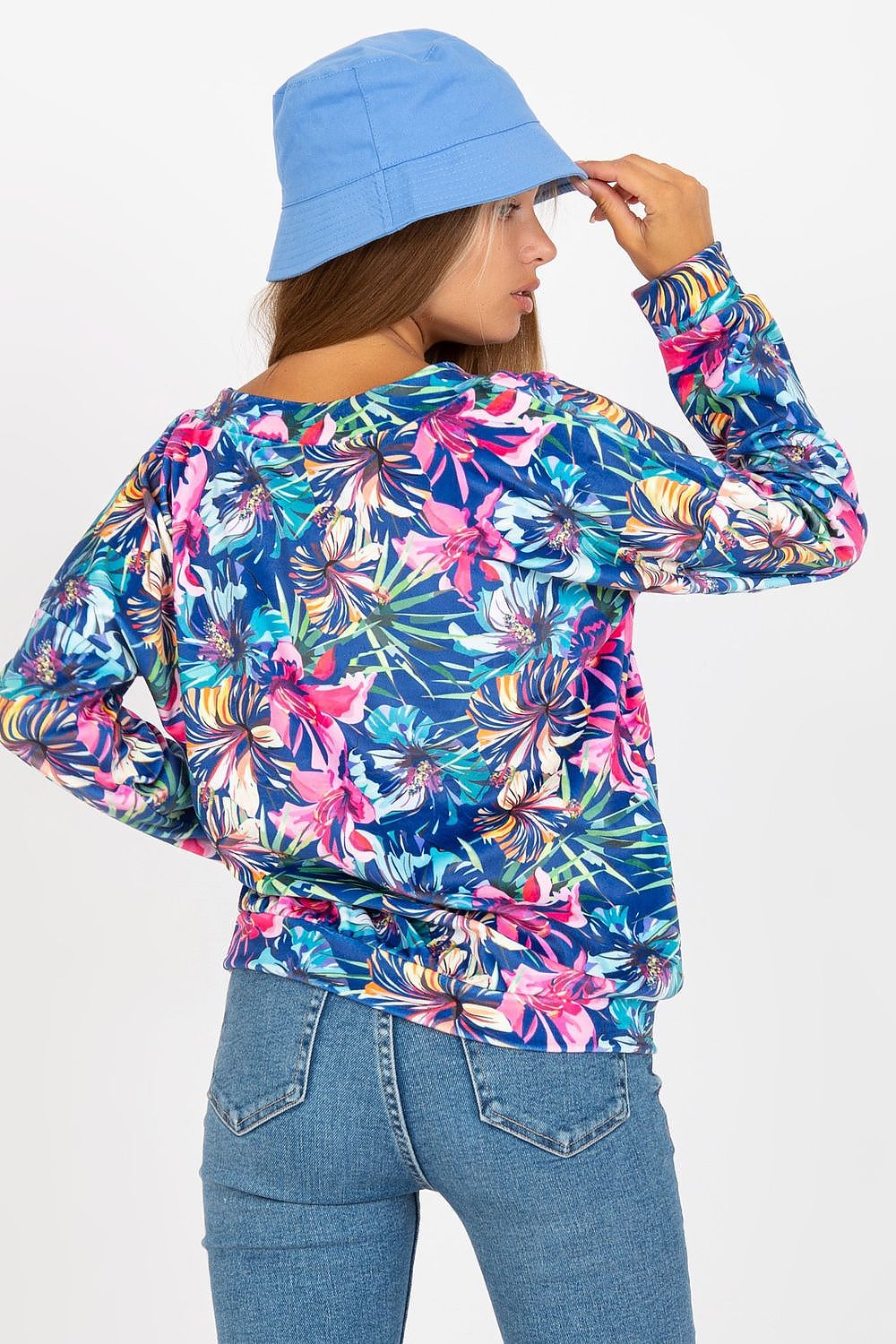 Fashionable look of the Colourful Velour Sweatshirt with Heart Neckline by Rue Paris, perfect for chic casual wear in vibrant colours.