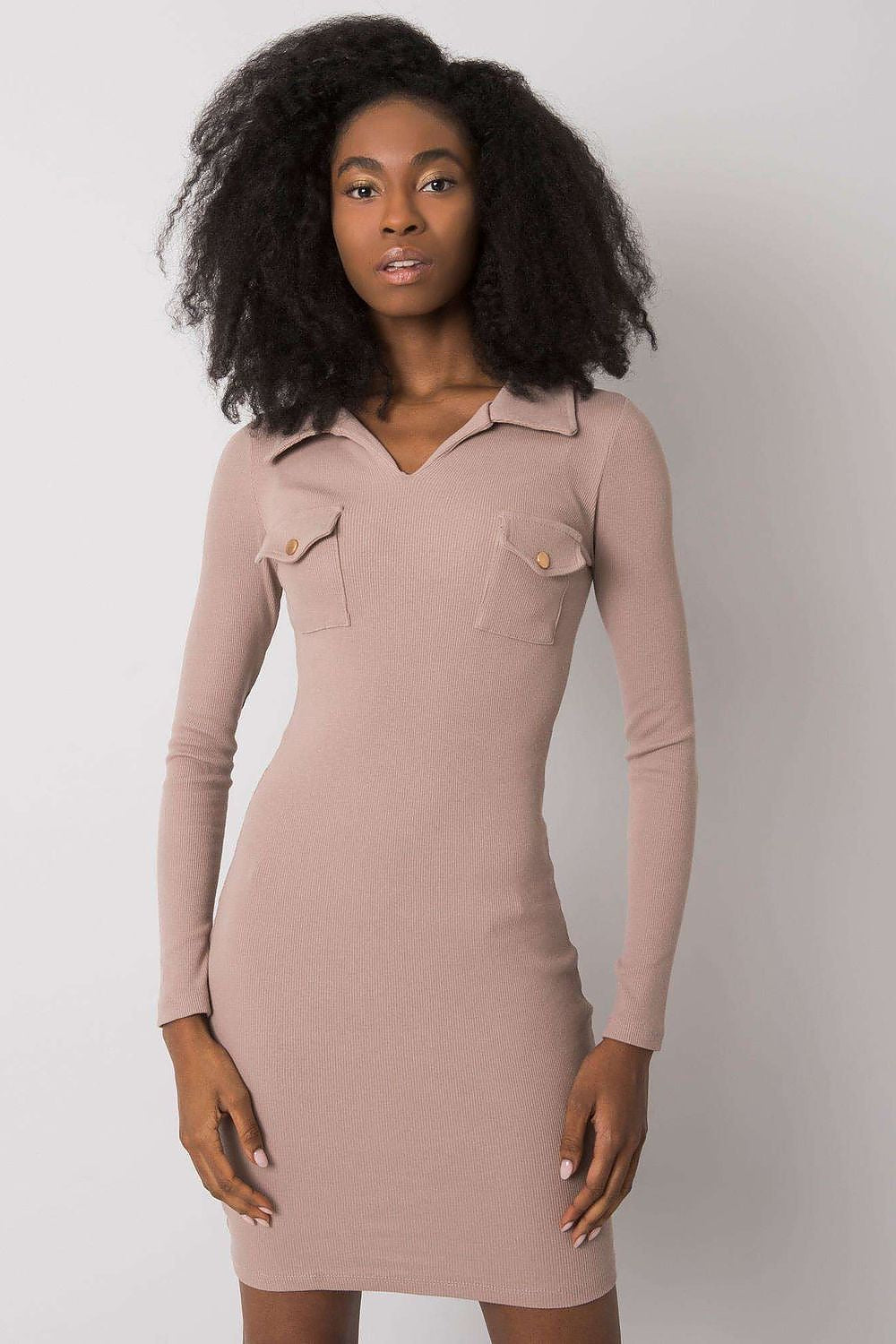 Elegant Ribbed Pencil Cut Dress with Heart Neckline and Long Sleeves by Rue Paris displayed on a model, showcasing its luxurious design and flattering silhouette.