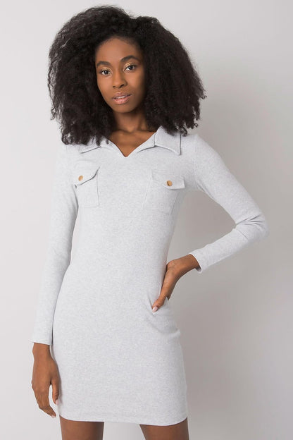 Full-length view of the Elegant Ribbed Pencil Cut Dress with Heart Neckline and Long Sleeves by Rue Paris, emphasizing its luxury and sophistication.