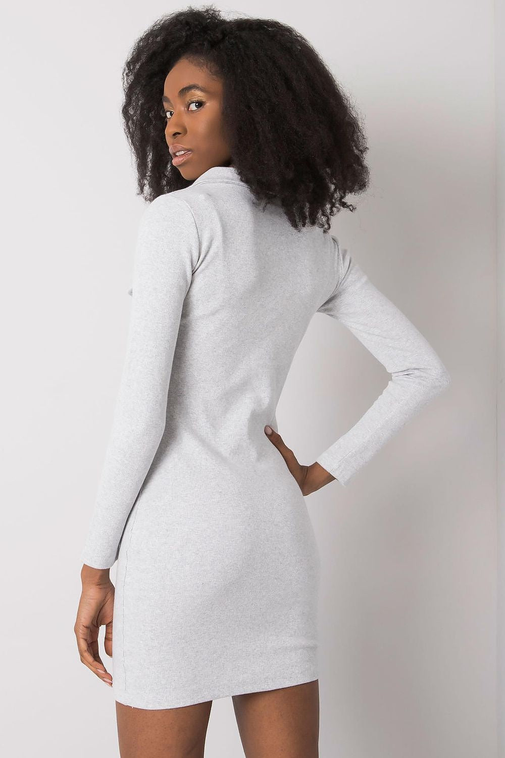 Close-up view of the Elegant Ribbed Pencil Cut Dress with Heart Neckline and Long Sleeves by Rue Paris, highlighting the exquisite ribbed fabric and elegant neckline design.