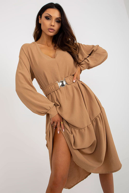 Och Bella Casual Long Sleeve Dress with Heart Neckline and Frill Trim - Elegant everyday wear featuring a delicate heart neckline and stylish frill trim.