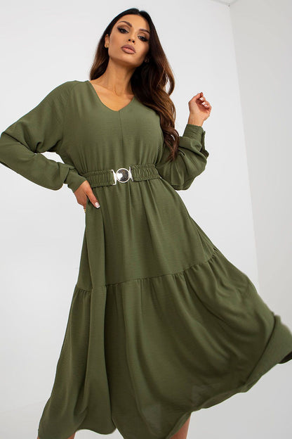 Model wearing Och Bella Casual Long Sleeve Dress with Heart Neckline and Frill Trim, exemplifying effortless style for everyday occasions and luxury comfort.