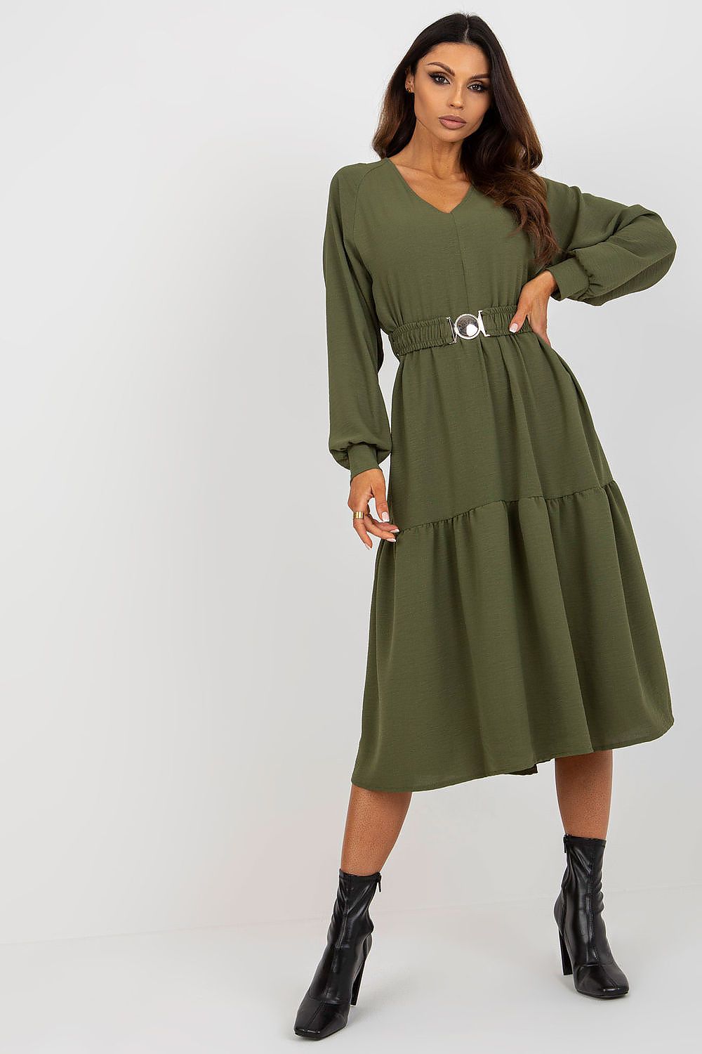 Back view of Och Bella Casual Long Sleeve Dress with Heart Neckline and Frill Trim, demonstrating the flattering fit and stylish belted design for a chic look.