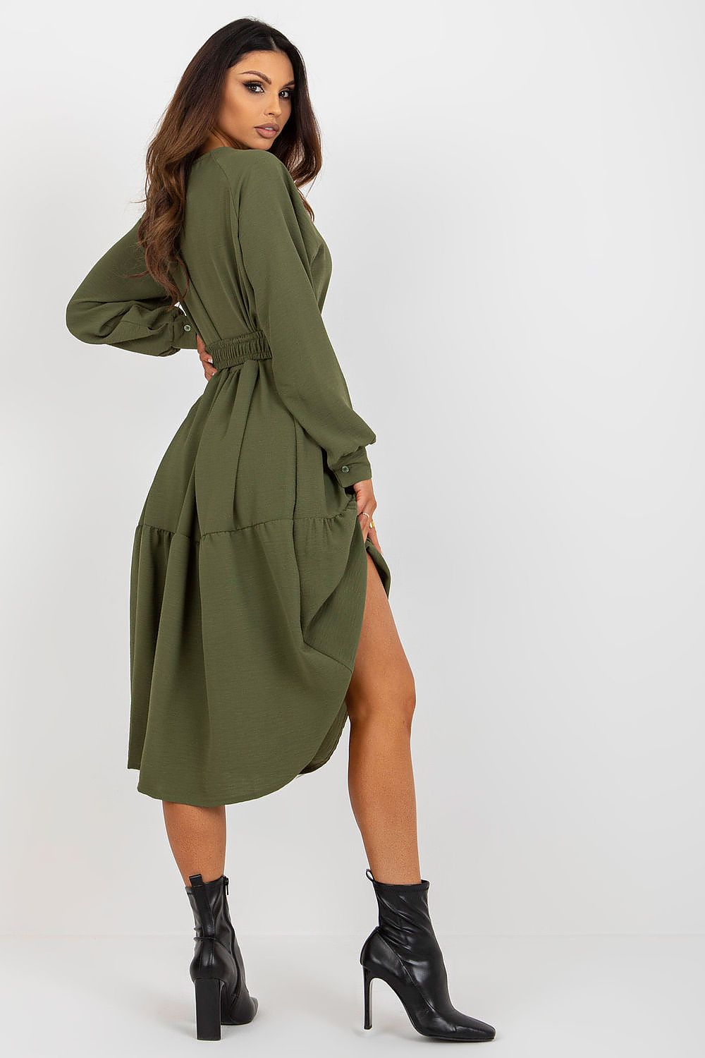Full-length image of Och Bella Casual Long Sleeve Dress with Heart Neckline and Frill Trim in natural light, perfect for those seeking elegance in everyday wear.