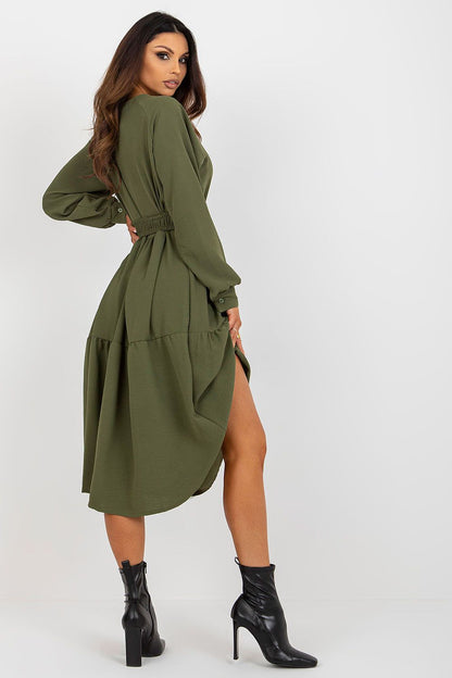 Full-length image of Och Bella Casual Long Sleeve Dress with Heart Neckline and Frill Trim in natural light, perfect for those seeking elegance in everyday wear.