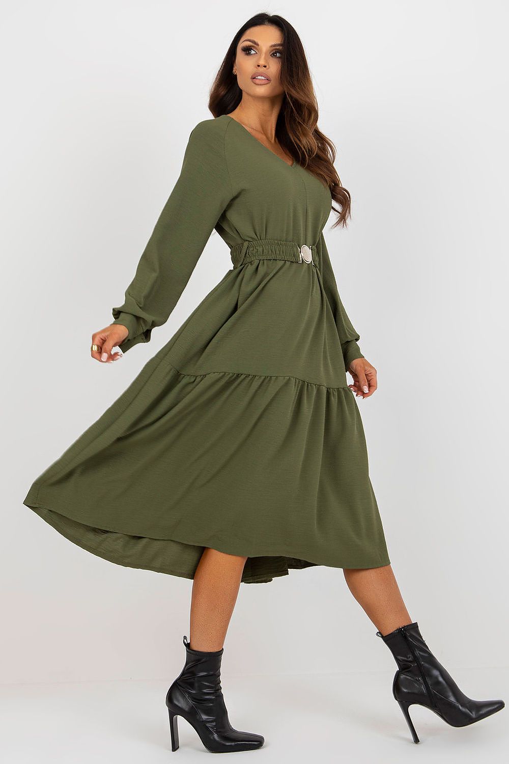 Och Bella Casual Long Sleeve Dress with Heart Neckline and Frill Trim showcased elegantly on a model, perfect for everyday wear.