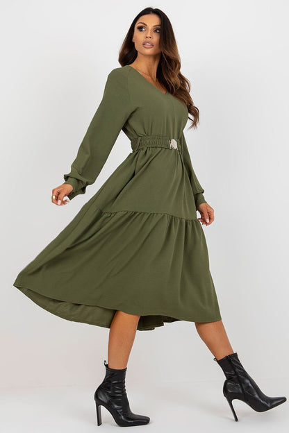 Och Bella Casual Long Sleeve Dress with Heart Neckline and Frill Trim showcased elegantly on a model, perfect for everyday wear.