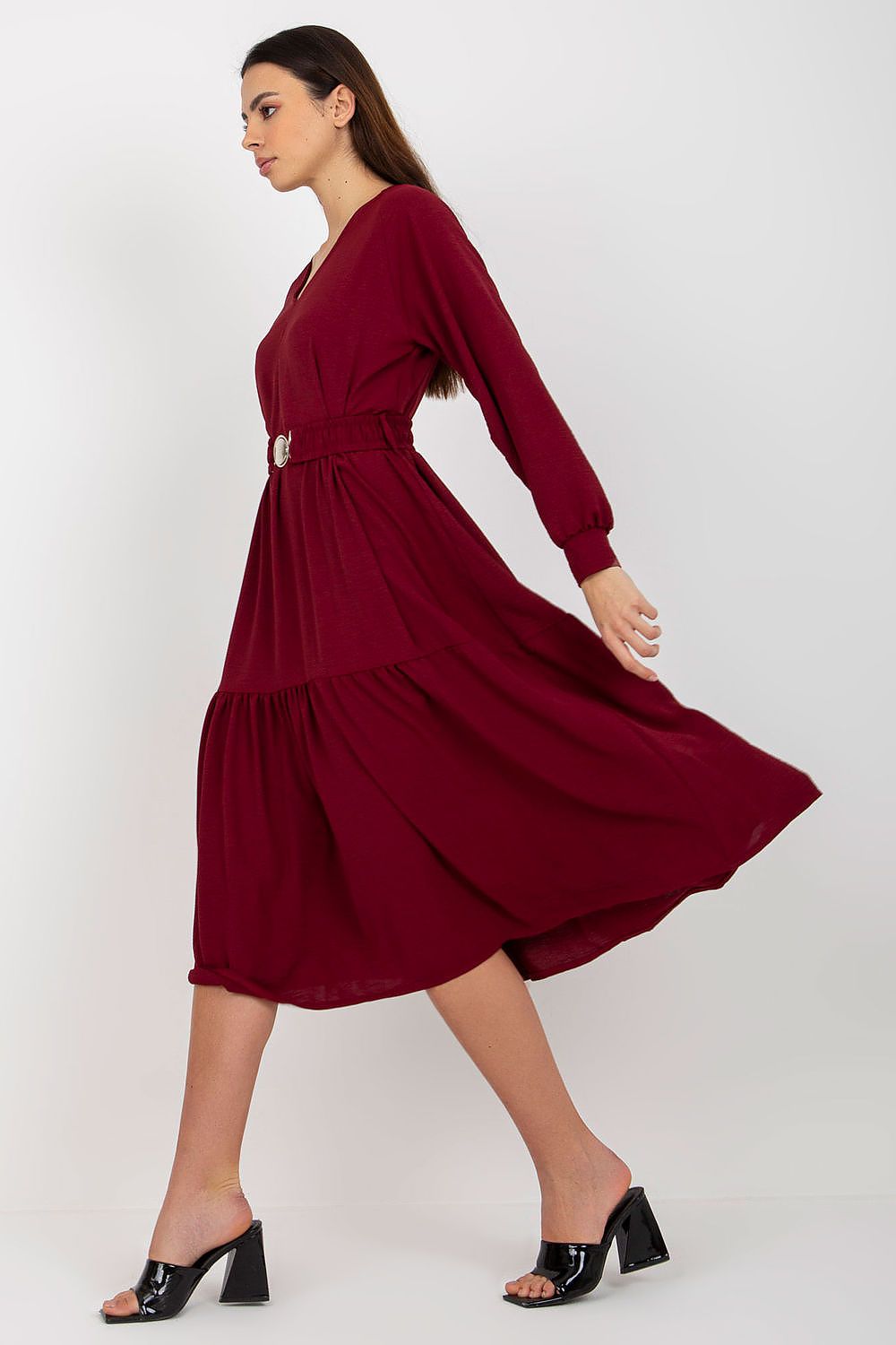 The Och Bella Casual Long Sleeve Dress with Heart Neckline styled with a chic belt, embodying effortless elegance for casual outings.