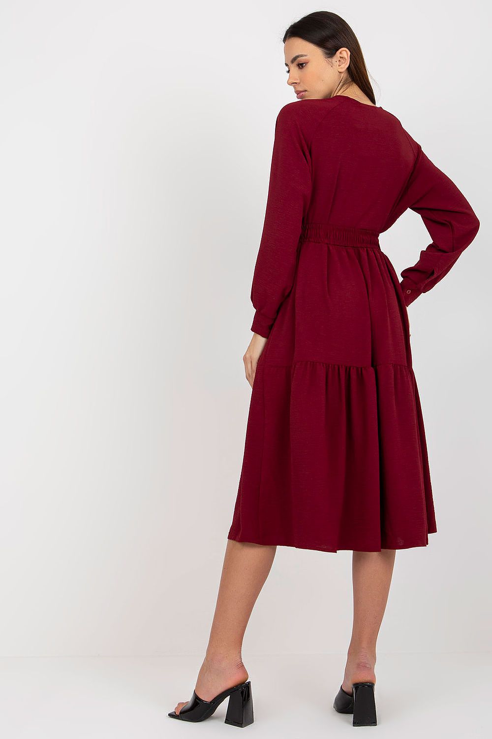 Full view of the Och Bella Casual Long Sleeve Dress with Heart Neckline in soft polyester, ideal for a luxurious yet casual everyday ensemble.