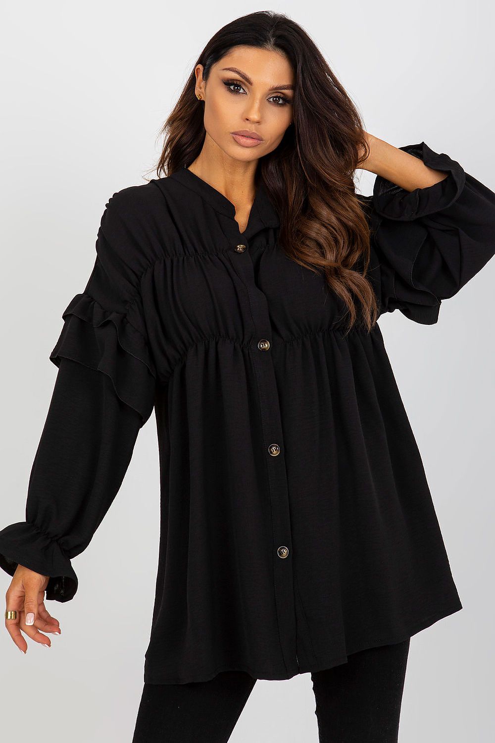 Luxurious Loose Cut Long Sleeve Button-Down Shirt with Ruffles by Och Bella, showcasing the elegant ruffle detailing and sophisticated design in a stylish setting.