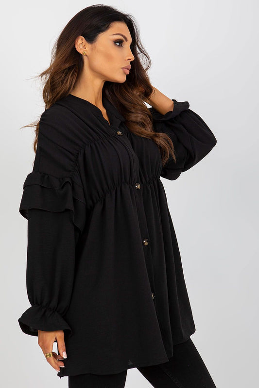 Luxurious Loose Cut Long Sleeve Button-Down Shirt with Ruffles by Och Bella, showcasing elegant ruffle detailing and a relaxed fit.