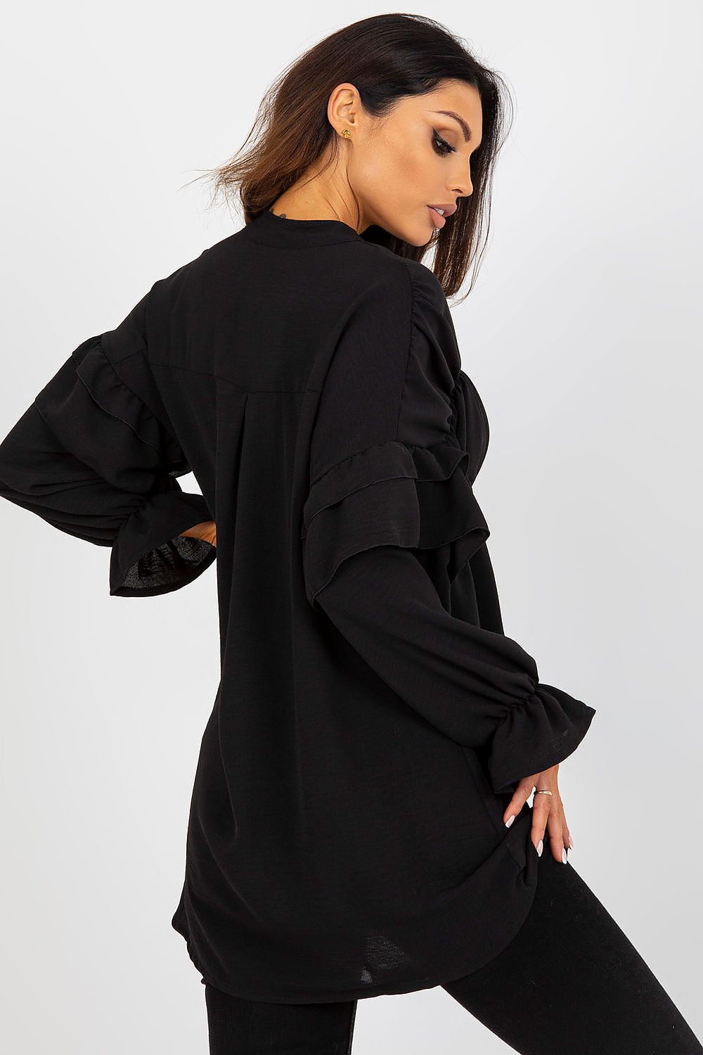 Stylish display of the Luxurious Loose Cut Long Sleeve Button-Down Shirt with Ruffles by Och Bella, highlighting its premium fabric and sophisticated design.