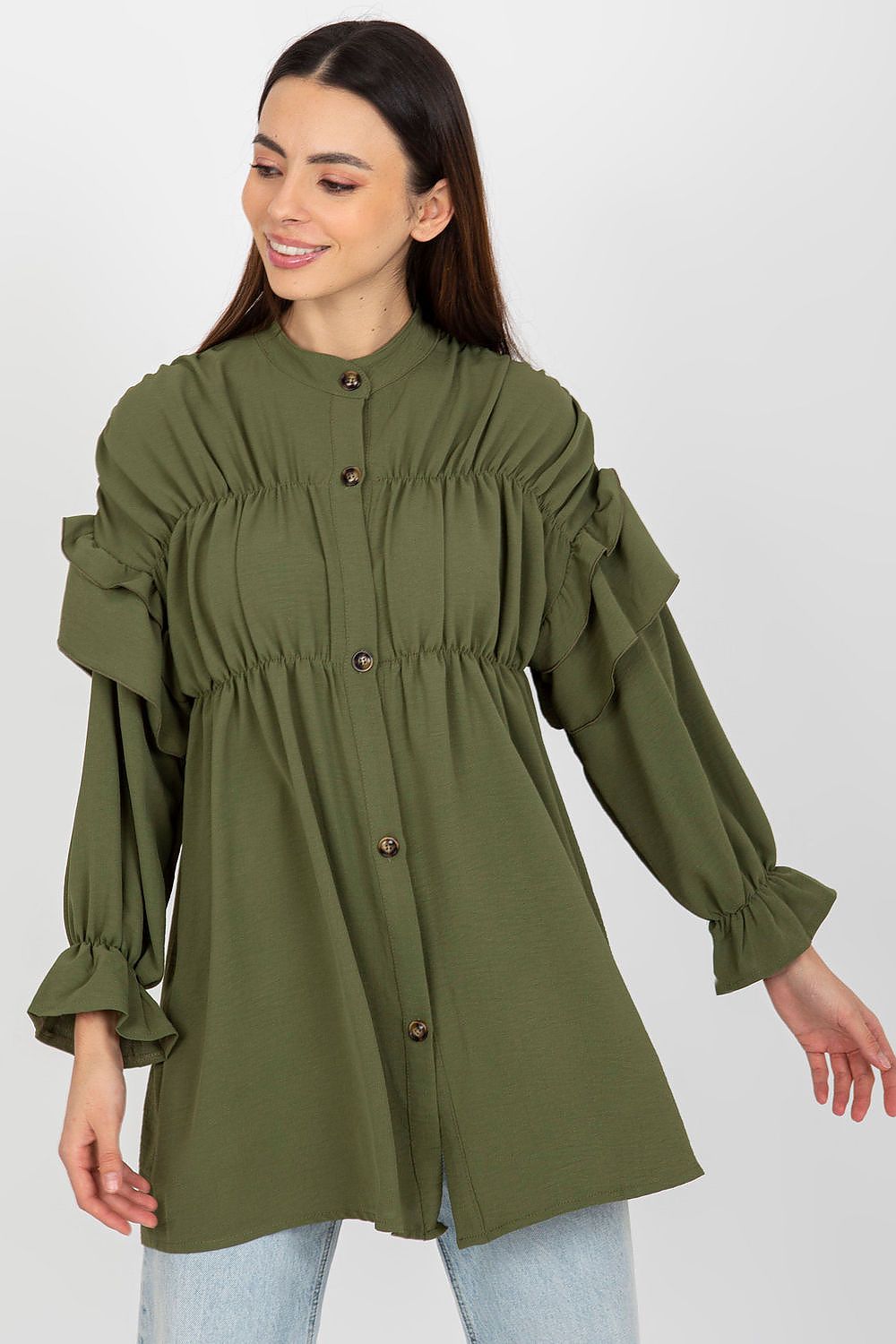 Close-up view of the Luxurious Loose Cut Long Sleeve Button-Down Shirt with Ruffles by Och Bella, featuring the intricate ruffles and soft polyester fabric.