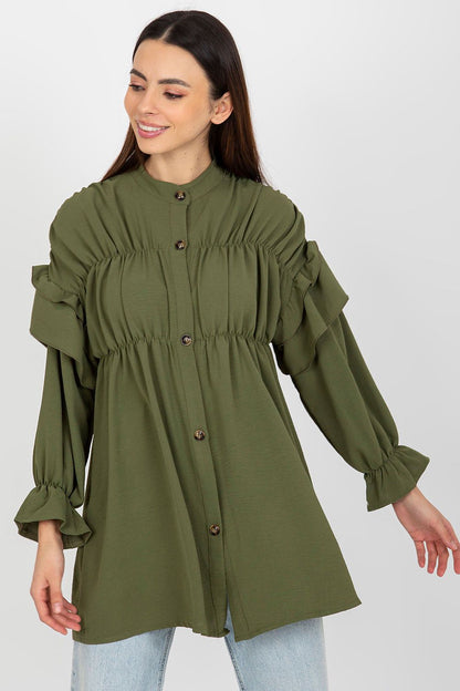 Close-up view of the Luxurious Loose Cut Long Sleeve Button-Down Shirt with Ruffles by Och Bella, featuring the intricate ruffles and soft polyester fabric.