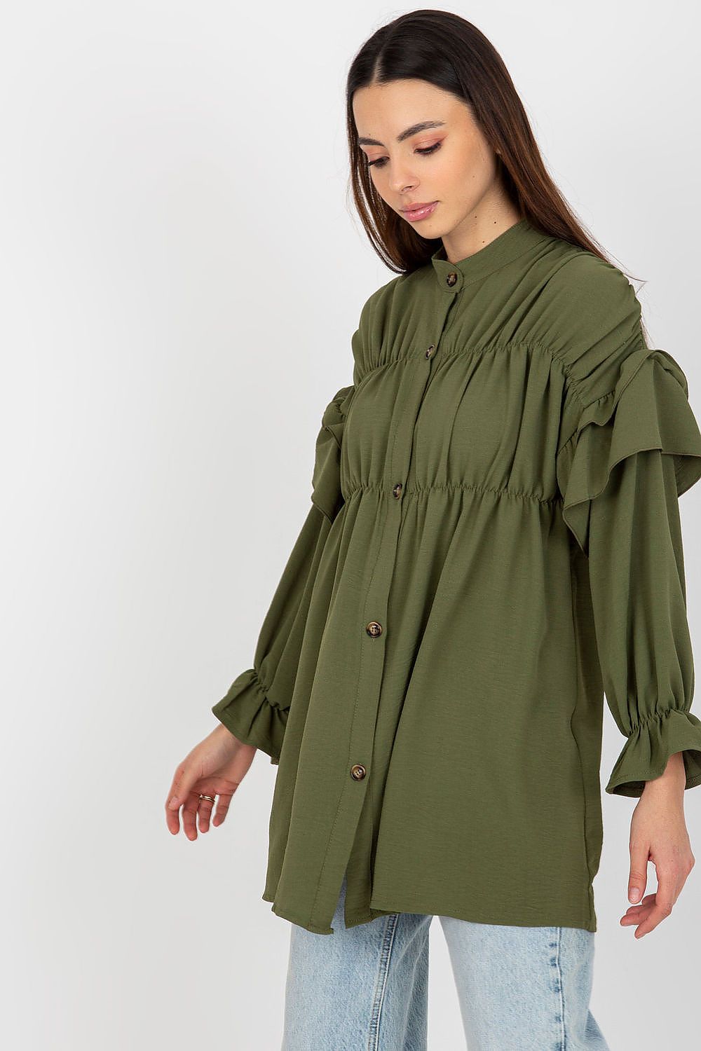 Elegant presentation of the Luxurious Loose Cut Long Sleeve Button-Down Shirt with Ruffles by Och Bella, emphasizing its stylish silhouette and luxurious comfort.