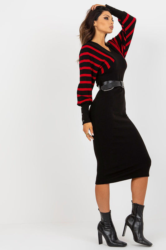 Elegant Och Bella Knit Dress featuring Long Sleeves and Heart Neckline, Perfectly Tailored Pencil Cut, Available in Sizes S to XL.