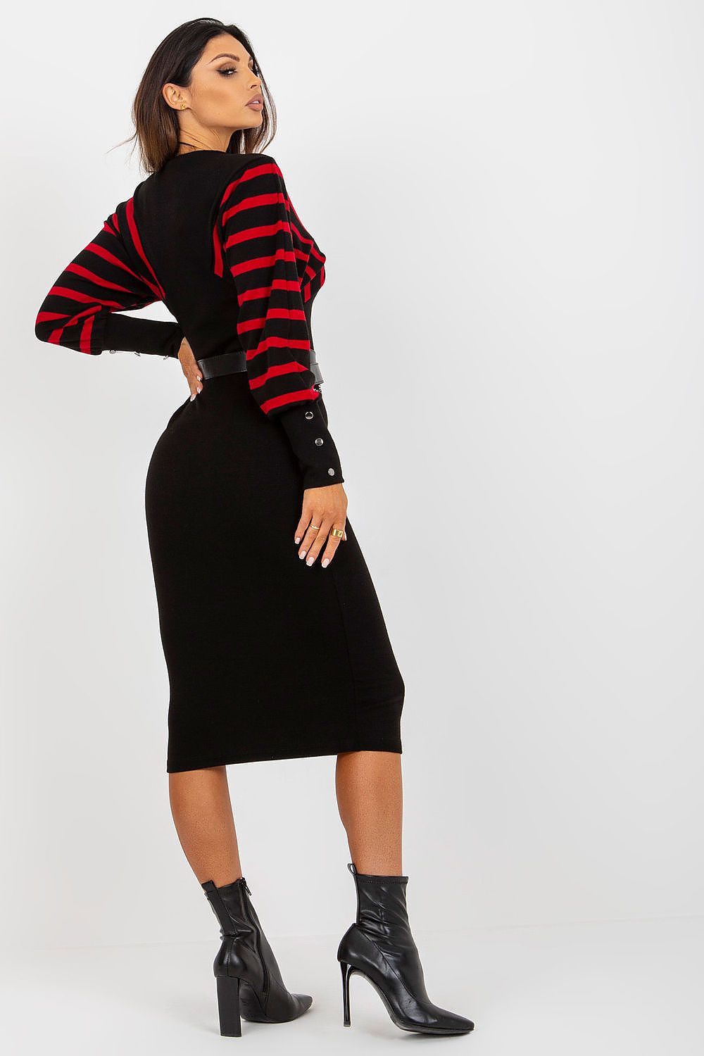 Elegant Och Bella Knit Dress with Long Sleeves, Heart Neckline & Pencil Cut, available in sizes S to XL, perfect for sophisticated occasions.