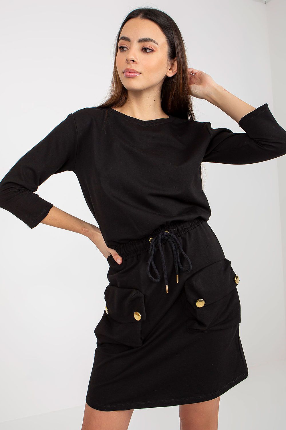 Stylish Och Bella 3/4 Sleeve Tracksuit Dress with Pockets & Tie Straps, showcasing luxurious cotton blend comfort and elegant design.