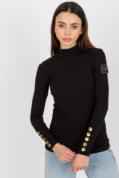 Elegant Och Bella Ribbed Fabric Blouse featuring long sleeves, a sophisticated half turtleneck, and decorative button detailing, perfect for a luxury wardrobe.