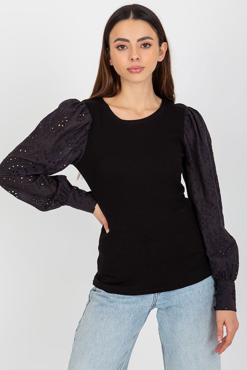 Och Bella Elegant Cotton Blouse with Openwork Long Sleeves and Round Neckline elegantly displayed against a luxurious backdrop.