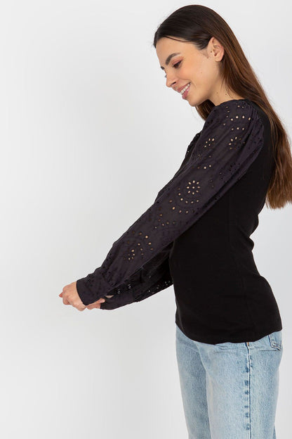 Styling inspiration featuring the Och Bella Elegant Cotton Blouse with Openwork Long Sleeves and Round Neckline, perfect for any elegant occasion.
