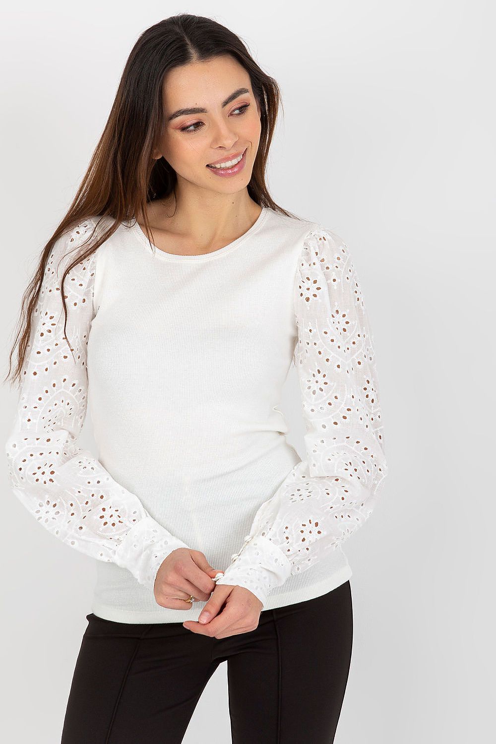 Och Bella Elegant Cotton Blouse with Openwork Long Sleeves and Round Neckline, showcasing its luxurious design and intricate detailing.