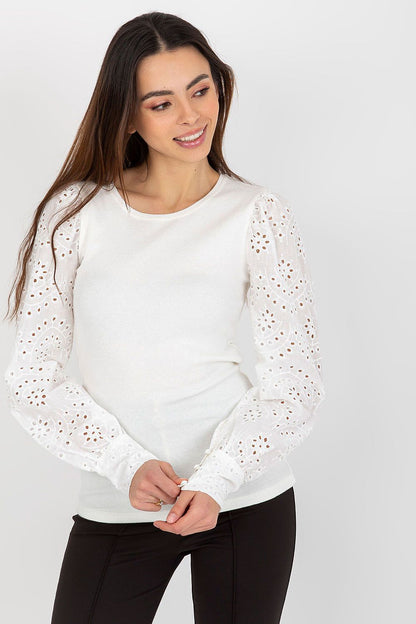 Och Bella Elegant Cotton Blouse with Openwork Long Sleeves and Round Neckline, showcasing its luxurious design and intricate detailing.