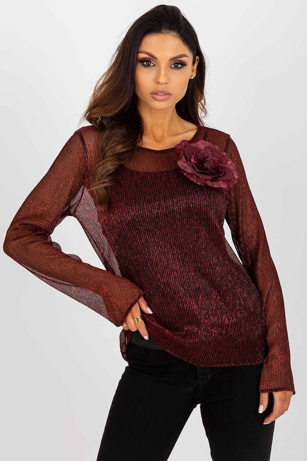 Luxury Lakerta 2-Piece Blouse featuring long sleeves, round neckline, and a decorative flower brooch, made of 100% polyester.
