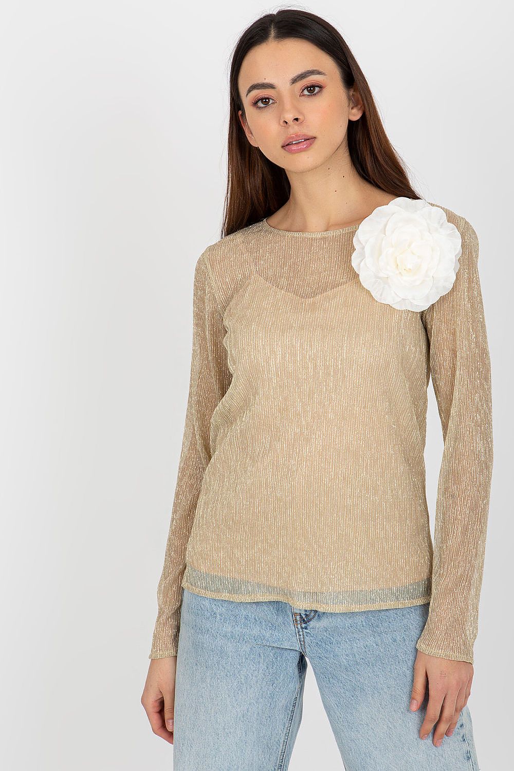 Flat lay of the Luxury Lakerta 2-Piece Blouse with Long Sleeves, Round Neckline & Decorative Flower Brooch set alongside stylish accessories.